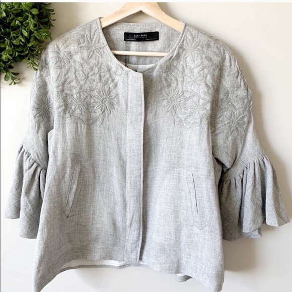 Zara Jackets & Blazers - ZARA Gray Linen Embroidered Bell Zip Ruffle Jacket